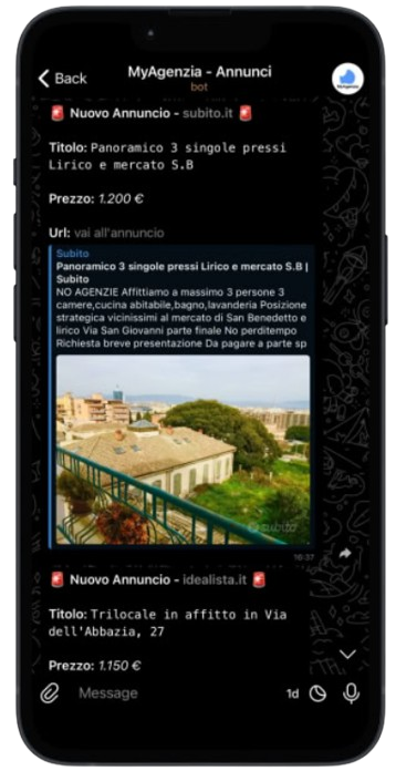 Anteprima lista annunci immobiliari su bot telegram